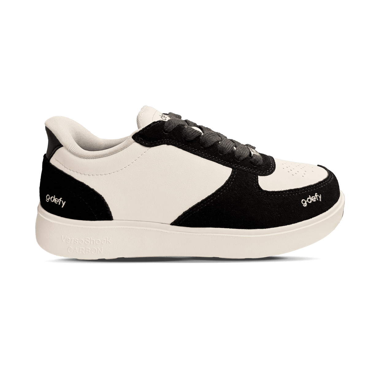 Women's g-defy sneakers with black suede and off-white leather, featuring a thick VersoShock Carbon sole.