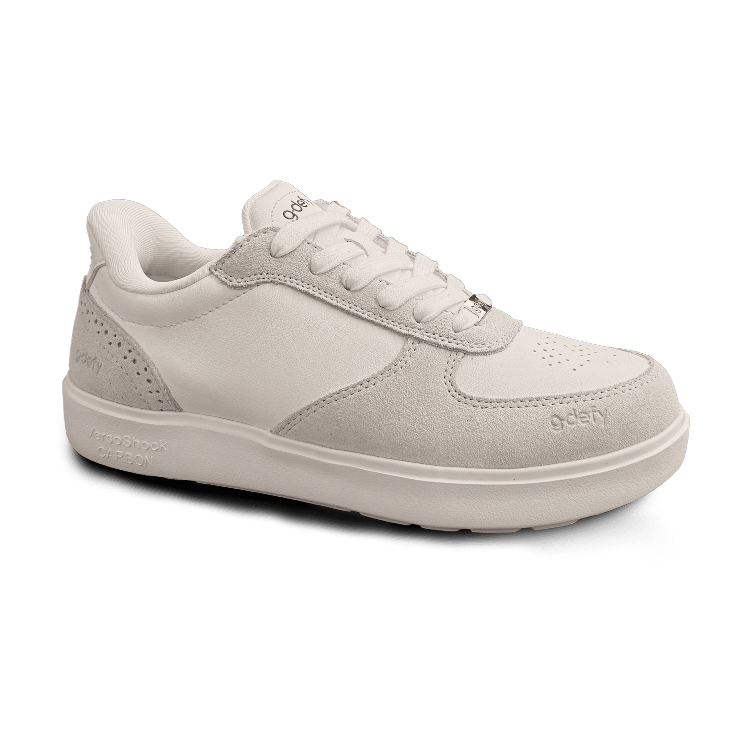 White G-Defy sneaker with leather and suede panels, white laces, perforated details, and VersoShock CARBON sole.