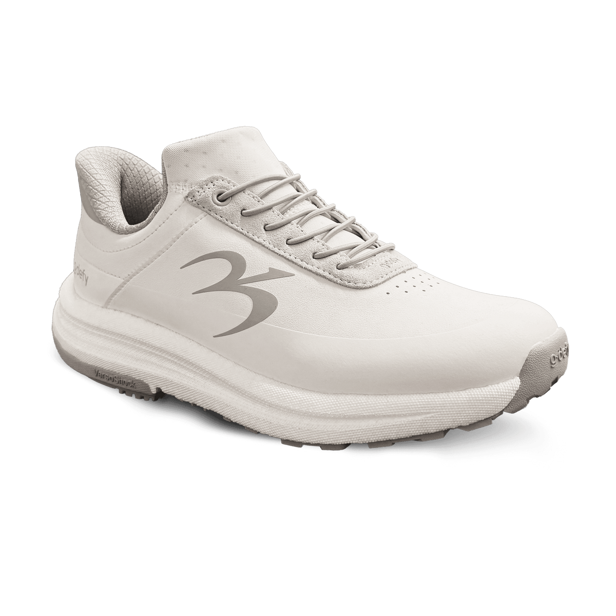 Light gray athletic sneaker with a textured off-white upper, gray laces, and a thick white VersoShock sole, shown from a side