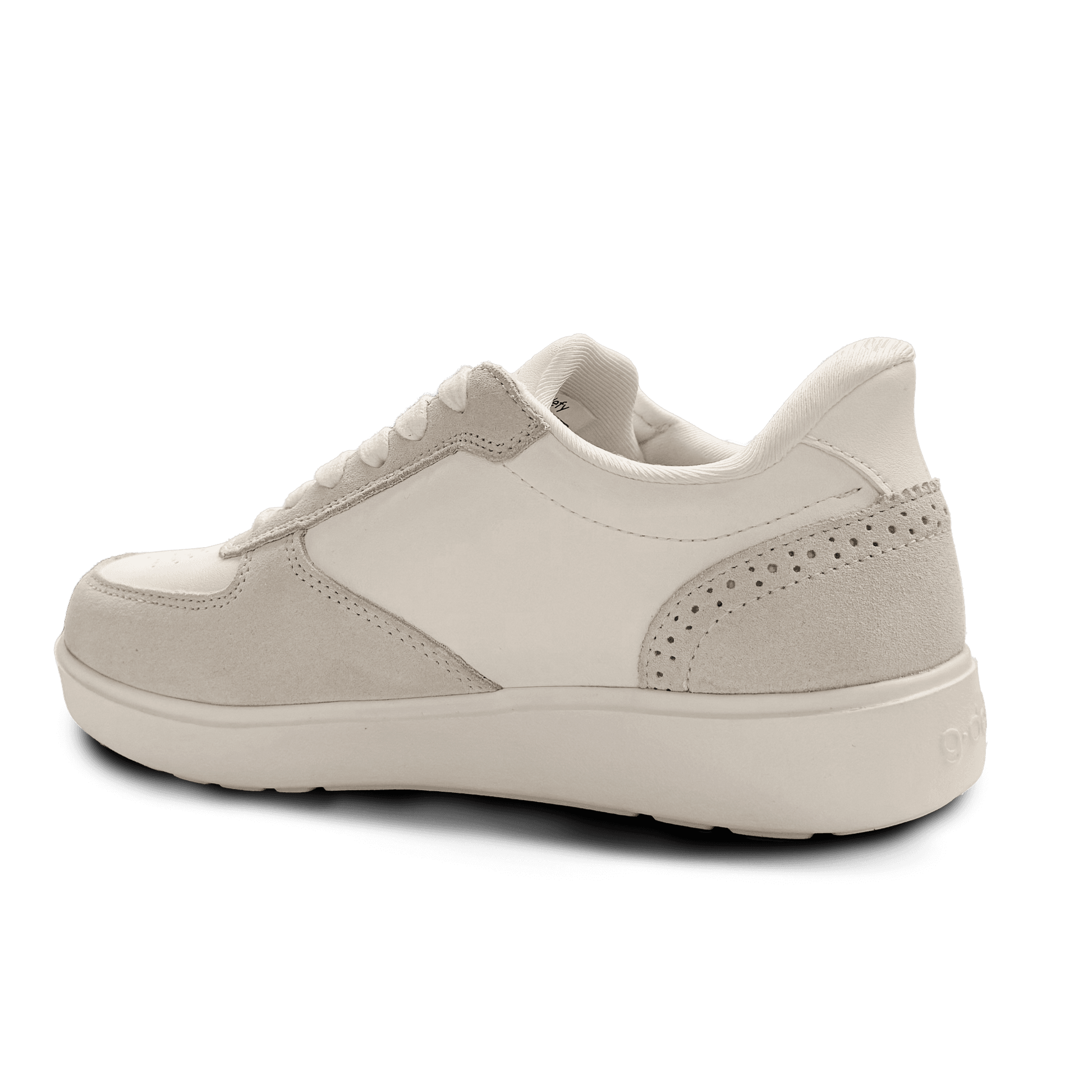 Cream-colored leather and suede sneaker, back-angle view, featuring perforated details on the side panel and a subtle heel lo