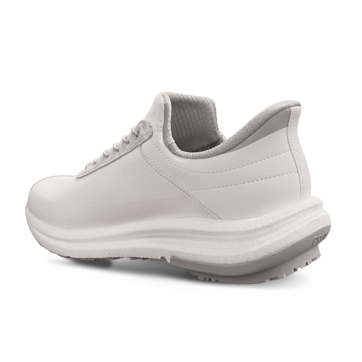 White sneaker with a chunky textured sole and grey inner lining, shown from a back-angle.