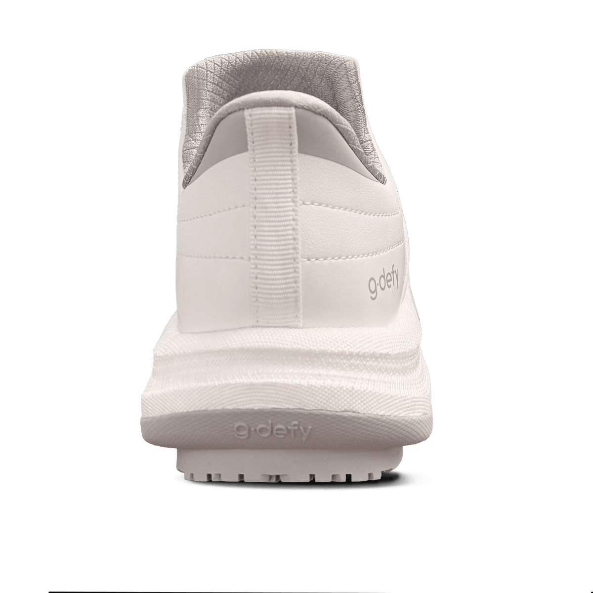 White g-defy athletic shoe, back view, with grey padded collar, textured midsole, and grey outsole.