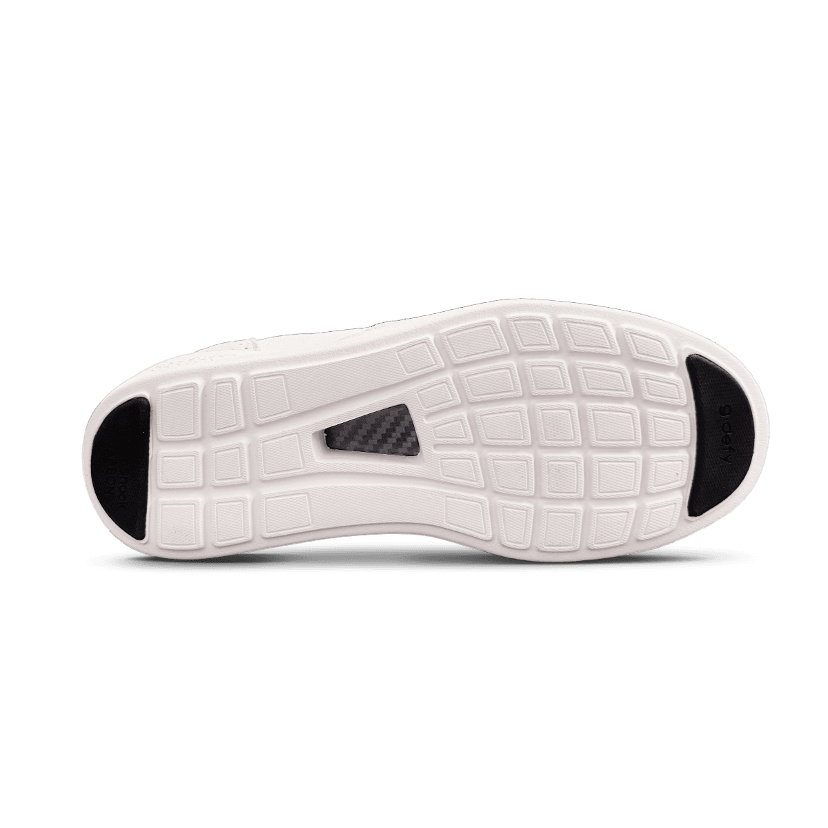 White shoe sole with a grid pattern, black heel and toe pads, and a grey carbon fiber arch insert.
