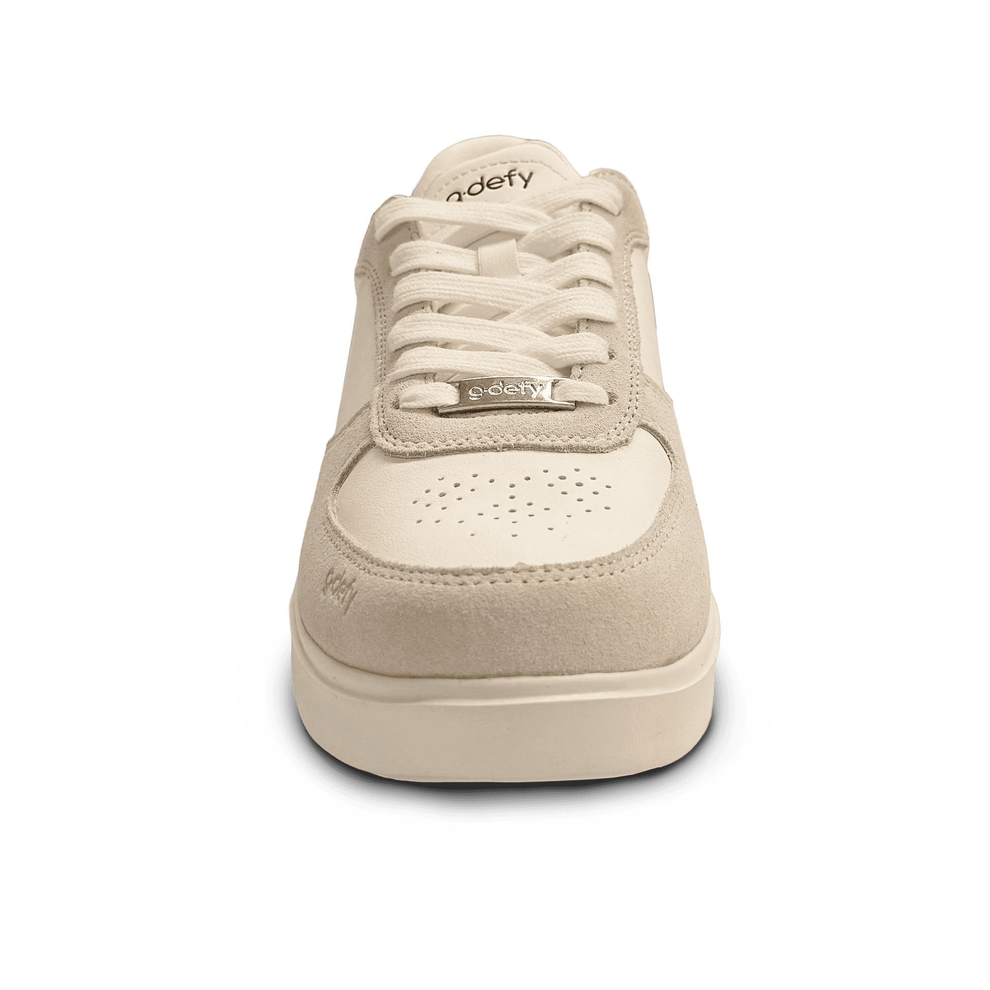 Cream and beige low-top sneaker featuring leather and suede panels, a perforated toe box, and a 'g-defy' logo on the laces, f