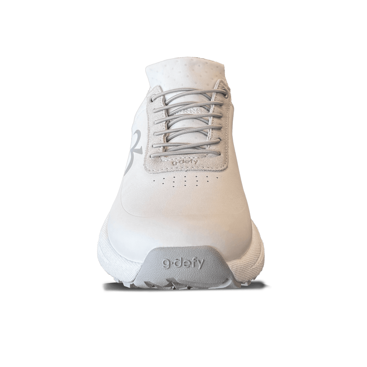 White g-defy athletic shoe with gray elastic laces and a textured gray toe cap, shown from the front.