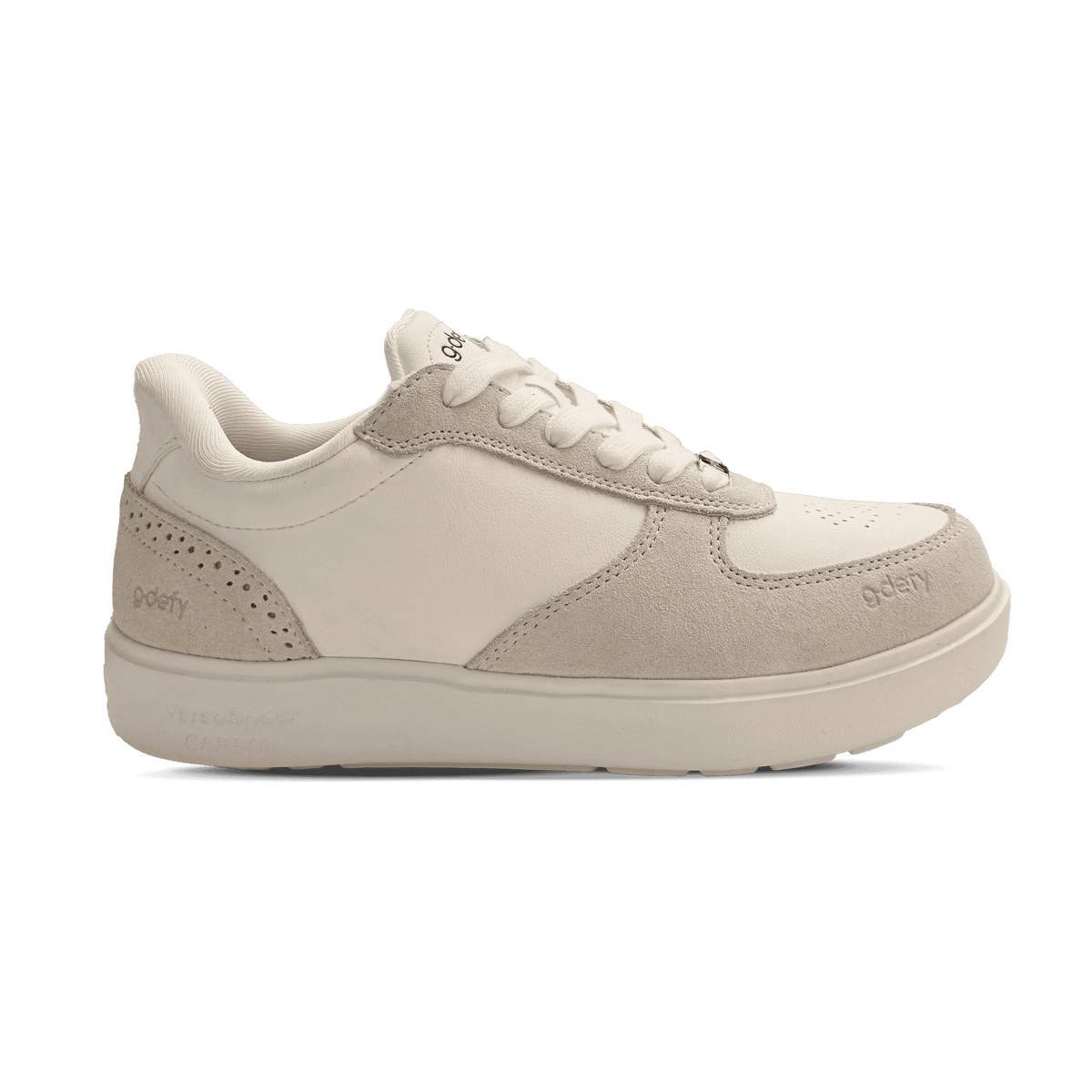 Off-white G-Defy low-top sneaker with smooth leather, suede panels, perforated details, and VersoShock CARBON sole.