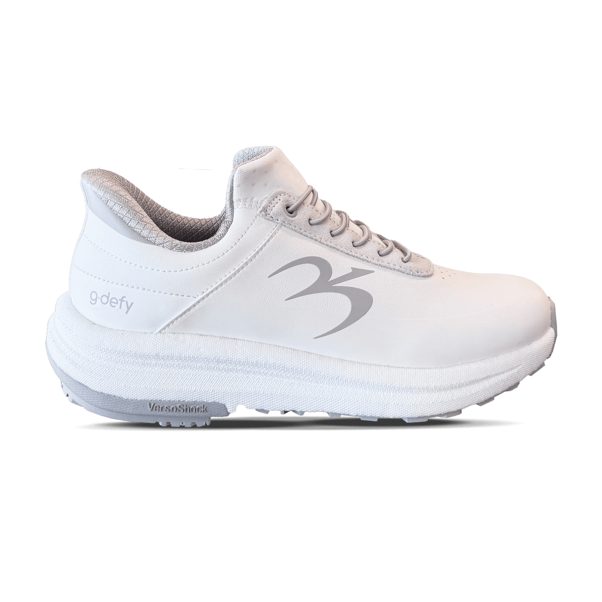 White g-defy athletic shoe with a thick VersoShock sole, grey interior lining, and matching grey laces.