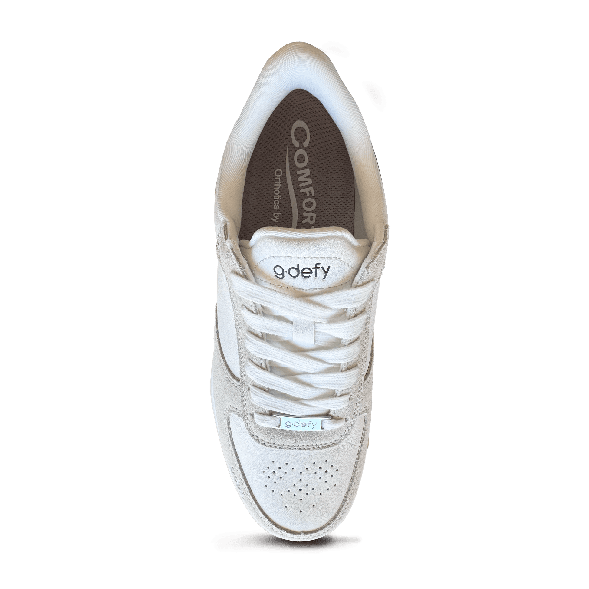 White sneaker, top-down view, with g-defy branding, white laces, perforated toe box, and light grey suede accents.