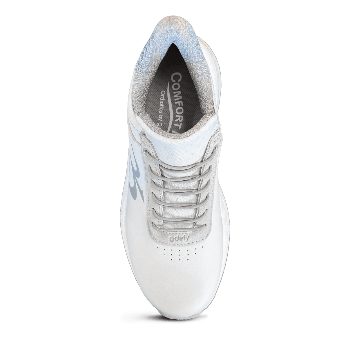 Top view of a white g-defy sneaker featuring grey laces, a padded blue-grey collar, and 'COMFORT Orthotics' insole.