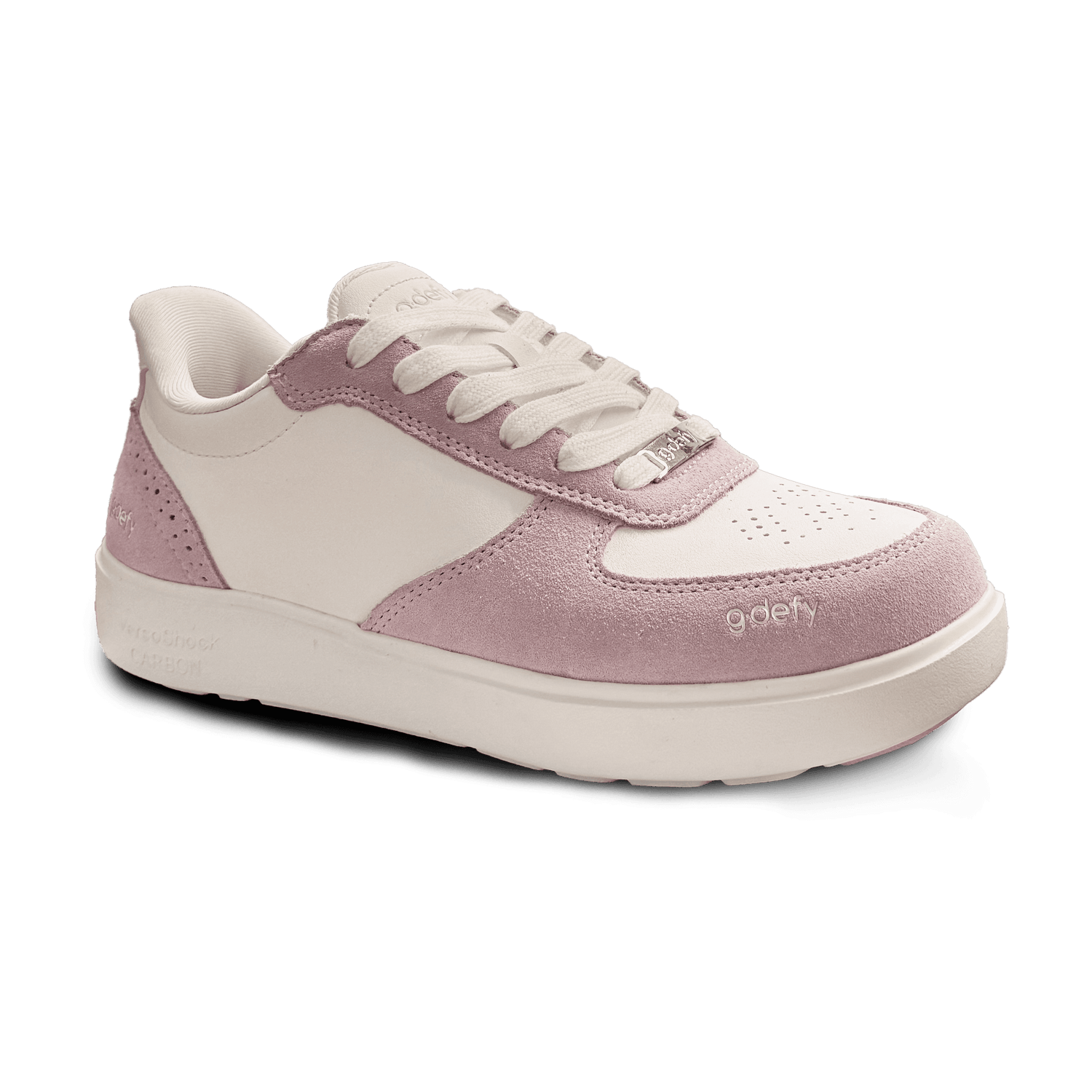 White and pink gdefy sneaker with white laces, leather upper, and pink suede accents. Features a thick sole with VersoShock C