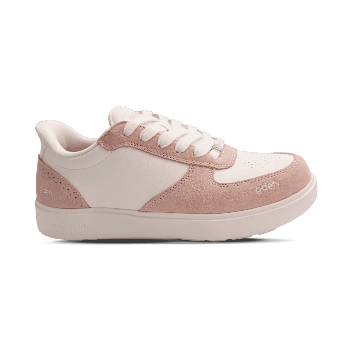 Women's low-top sneaker in off-white and blush pink, featuring a mix of smooth and suede textures.