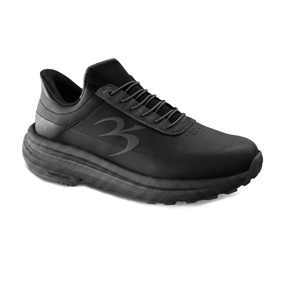 Black gdefy athletic shoe with a smooth black upper, thick textured VersaShock sole, and black laces, shown at an angle.