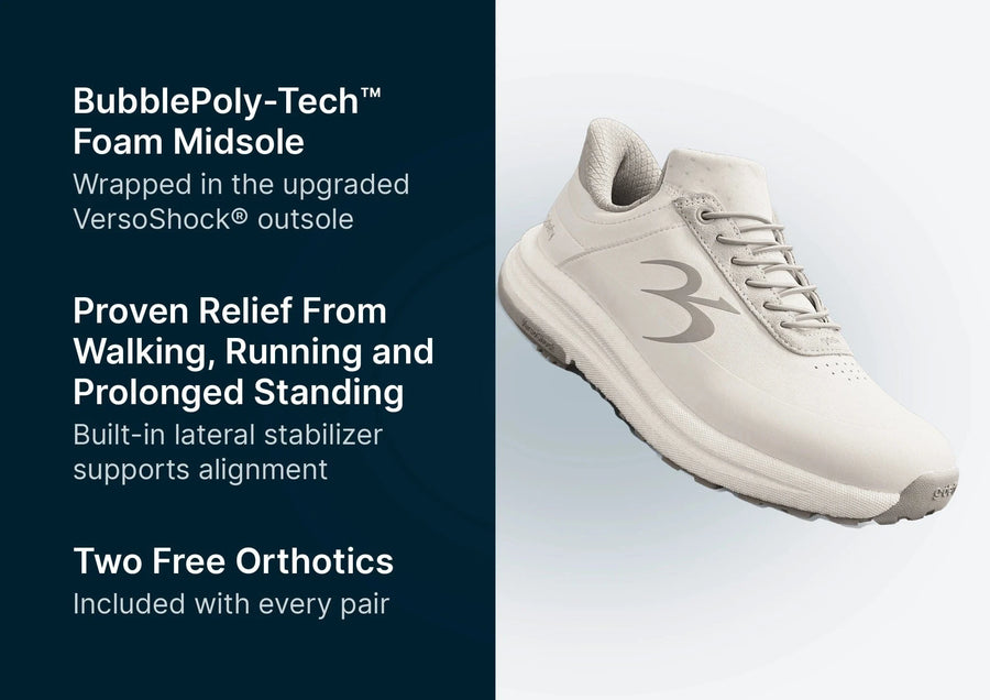 Off-white walking shoe with a thick VersoShock outsole and gray laces, presented alongside key product benefits.