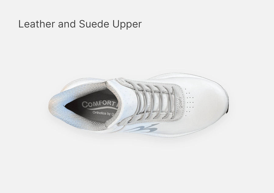 White gdefy athletic shoe, top-down view, showing leather and suede upper, grey laces, and 'Comfort Orthotics' insole.