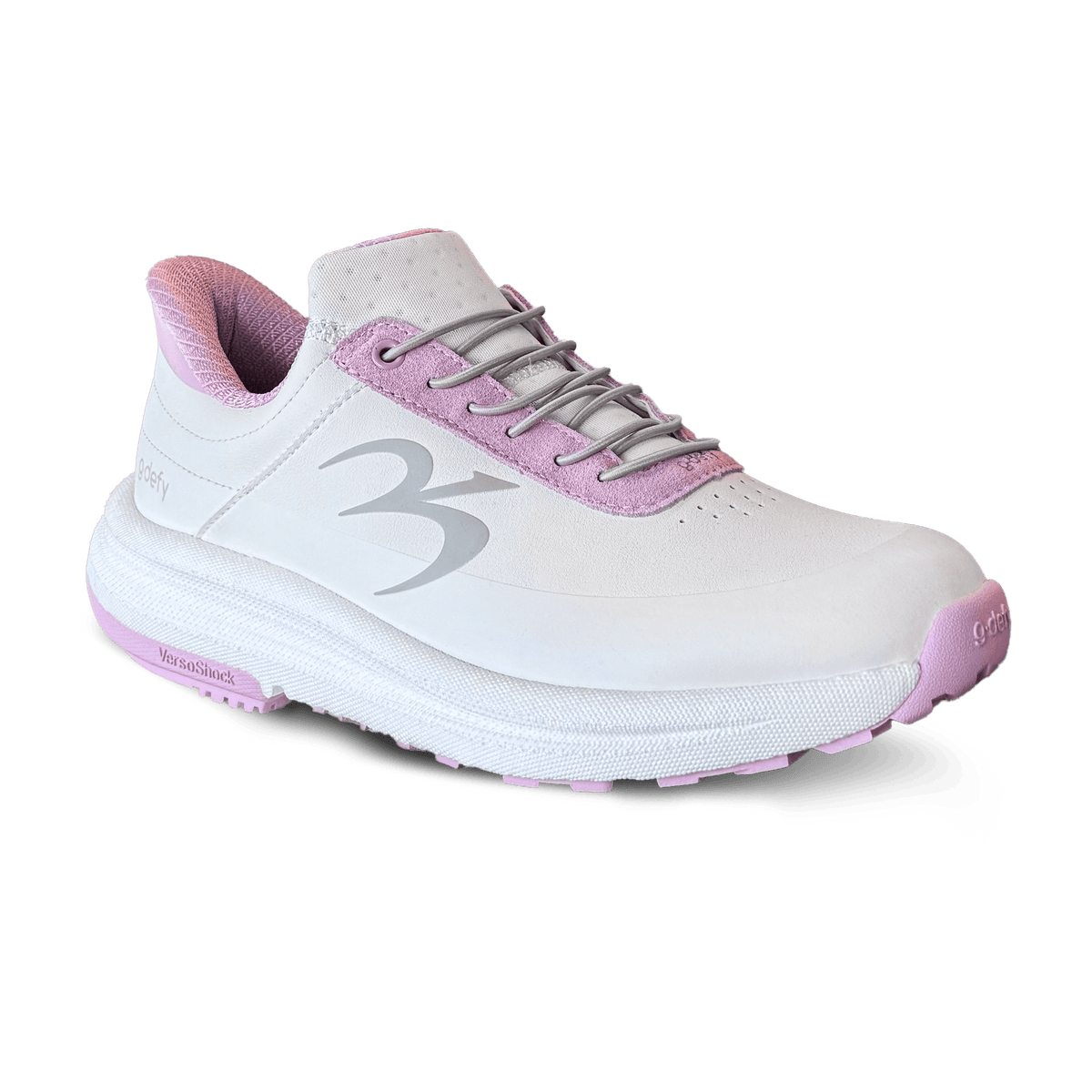 White athletic sneaker with pink lining and trim, gray laces, and a thick, textured white VersoShock sole.