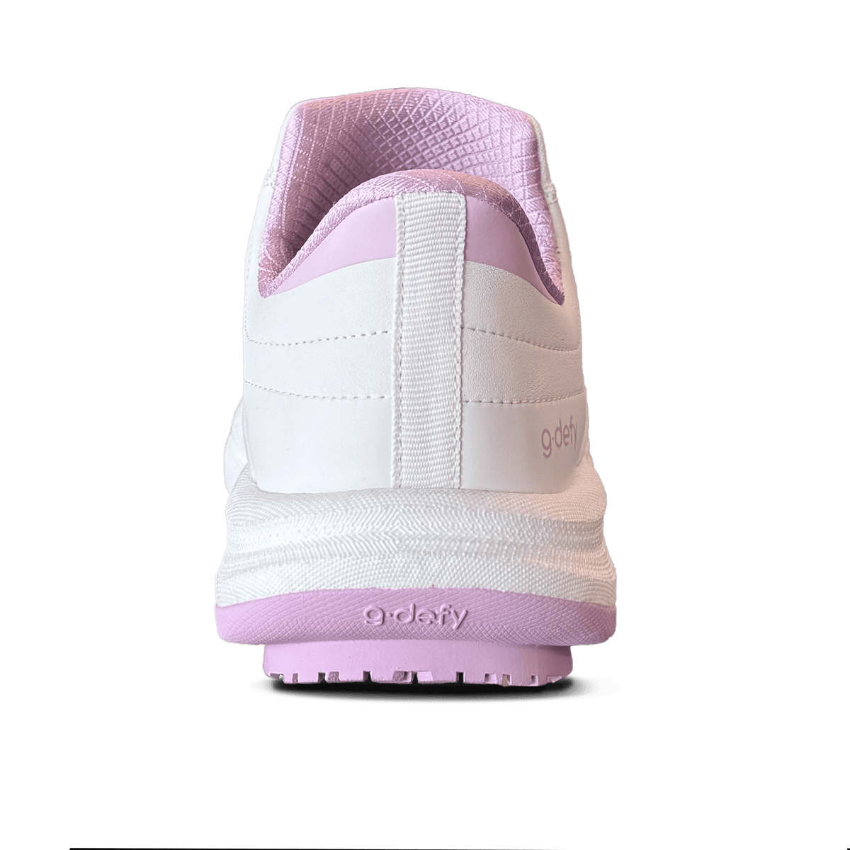 White and pink g-defy athletic shoe, back view, showing the textured pink heel lining and thick white sole.