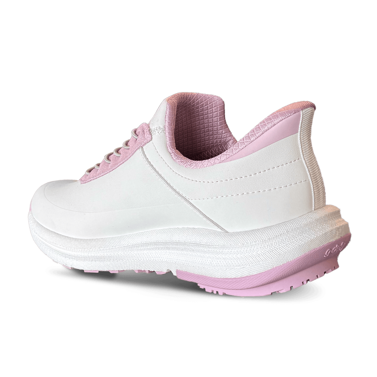 White and pink running shoe from a back angle, featuring a thick white sole and pink textured inner lining.