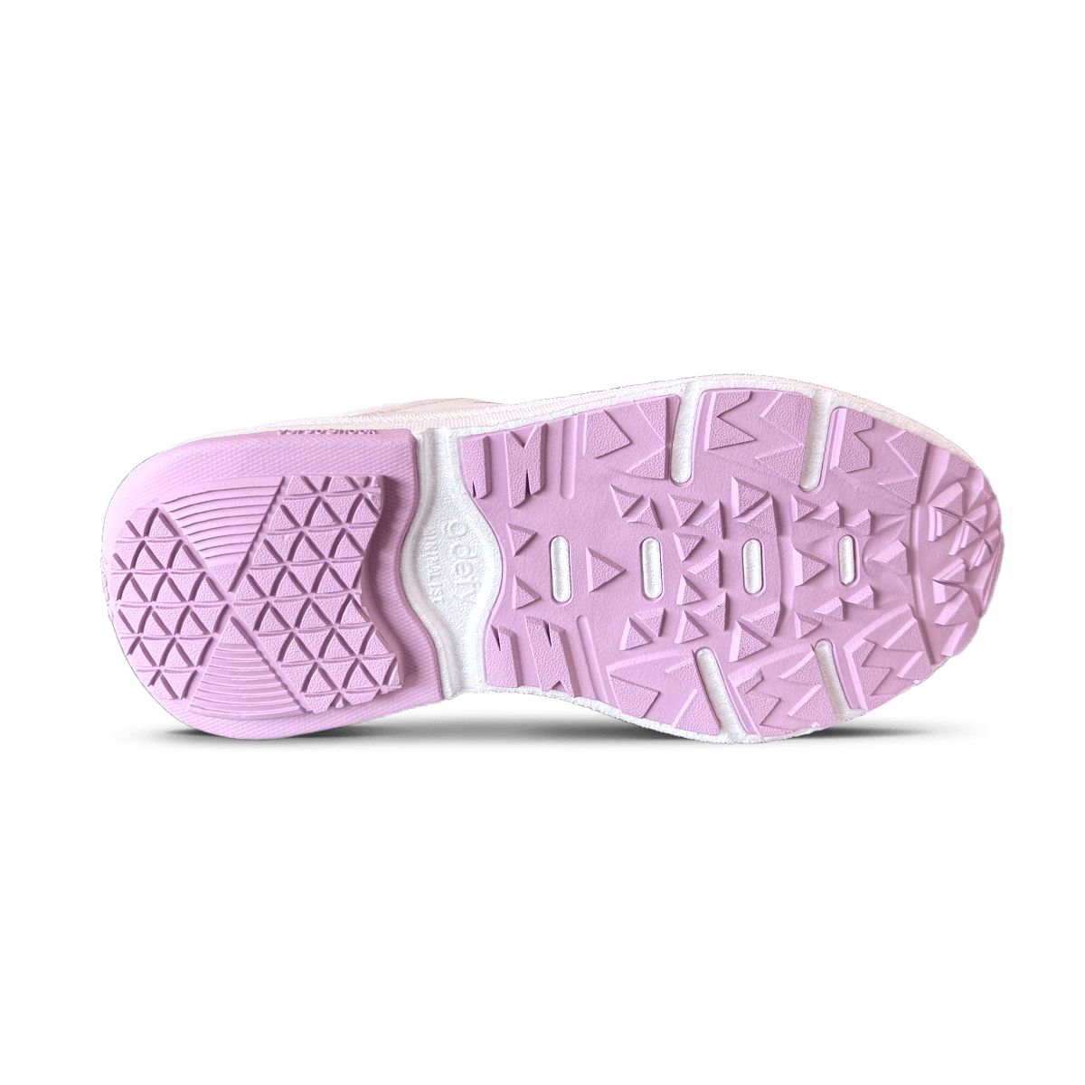 Pink and white sneaker sole with a textured tread pattern for grip, featuring "o.d.e.r.y" branding.