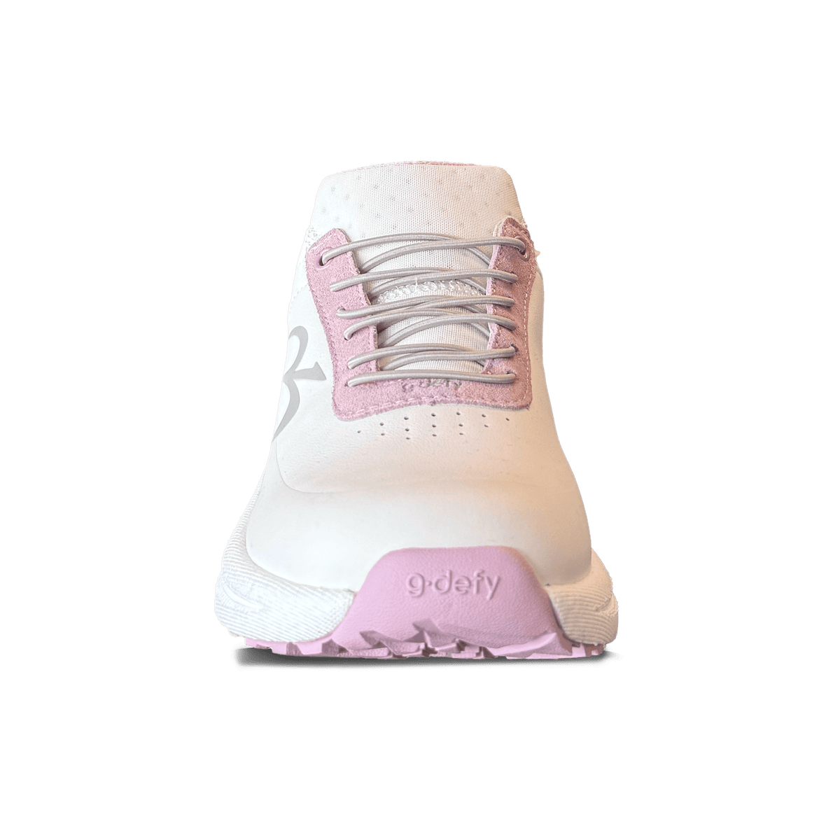 White g-defy sneaker, front view, with a smooth upper, pink suede-like lace panels, grey laces, and a chunky pink textured so