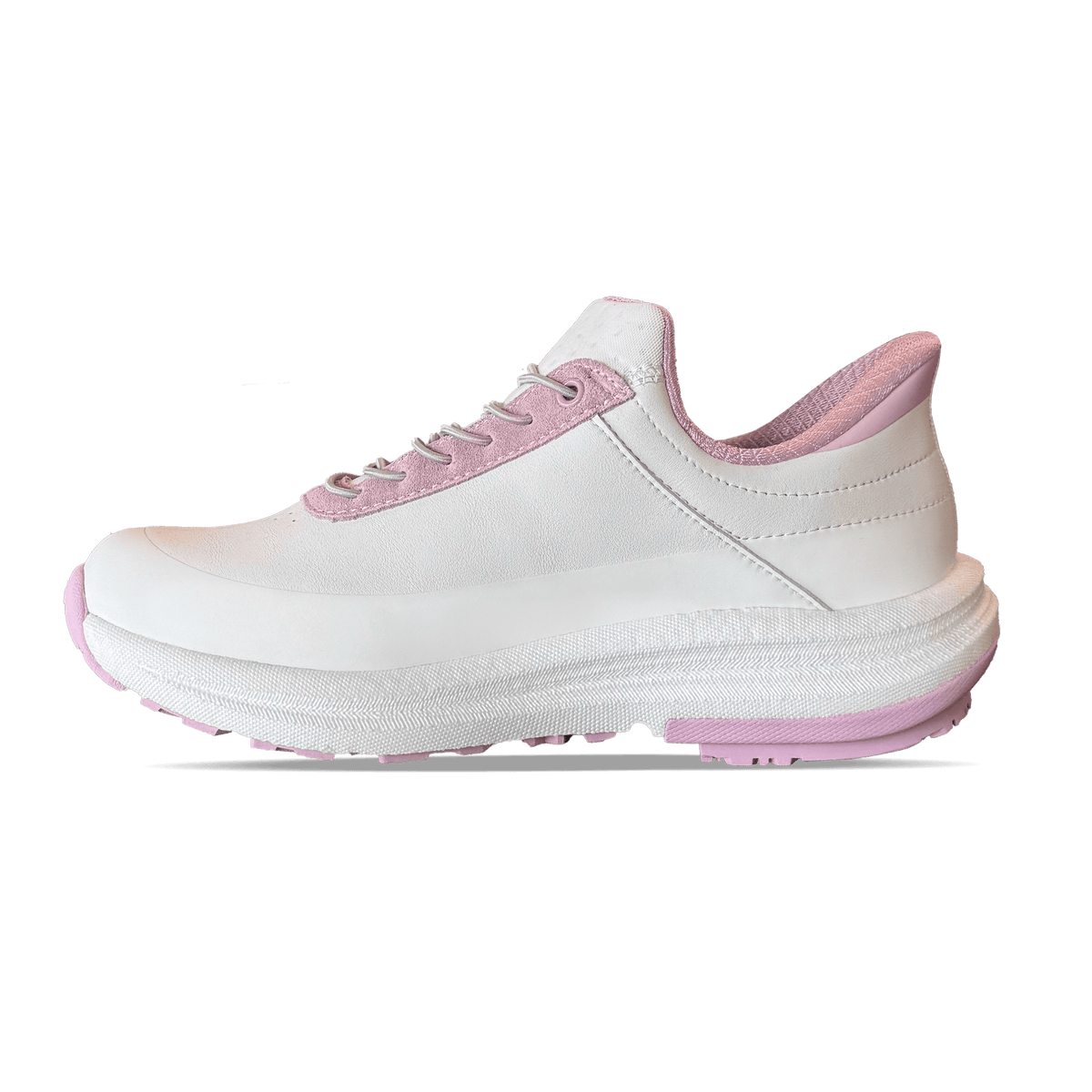 White and pink athletic sneaker with a thick textured midsole and pink outsole, viewed from the side.