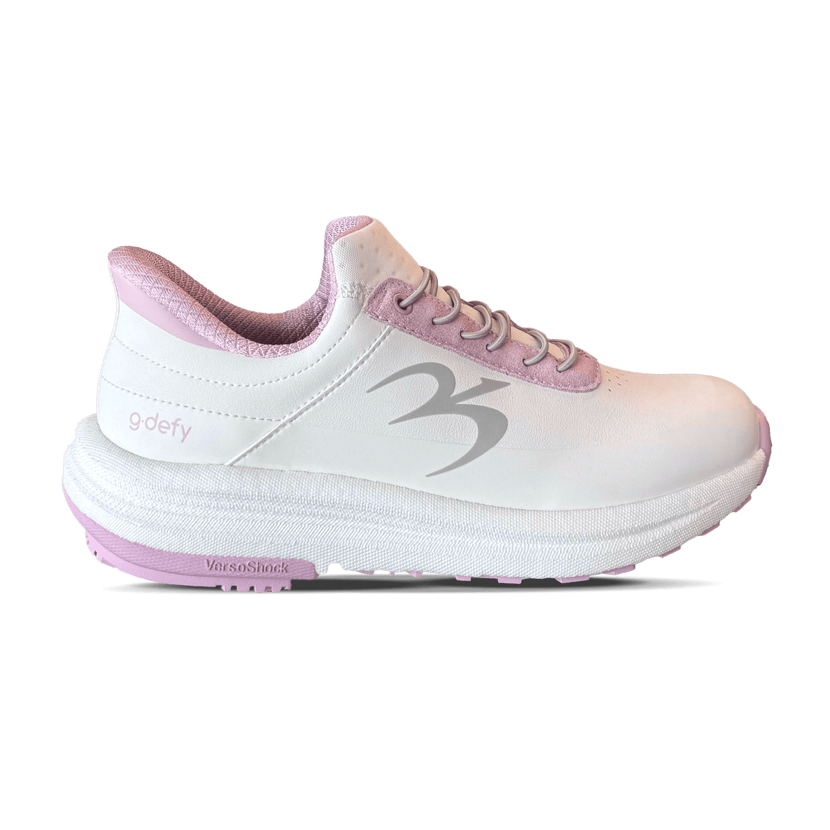 White and pink gdefy athletic shoe with a thick white VersoShock sole and grey laces, viewed from the side.