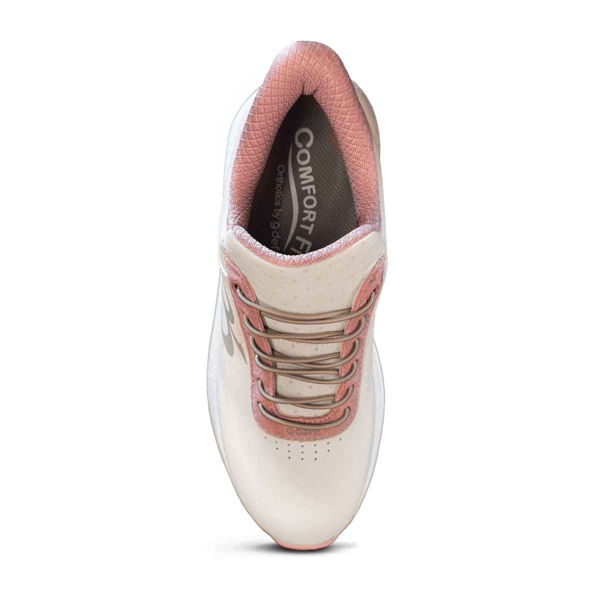 White athletic shoe with pink lining and lace loops, tan laces, and "Comfort Fit Orthotics by g-defy" insole, viewed from abo