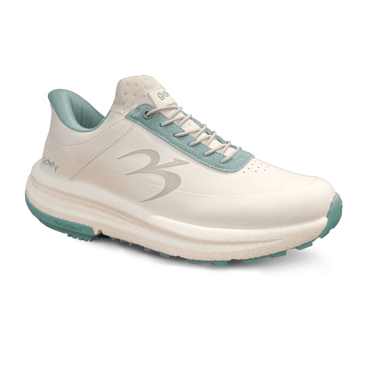 Women's g-defy sneaker in cream with light teal lining, lace eyelets, and a chunky VersoShock sole. Angled view.