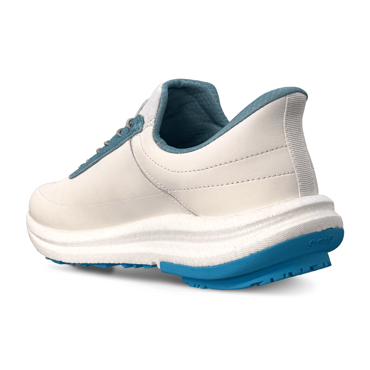 White leather sneaker with a chunky white midsole and vibrant blue lining and outsole, viewed from a back angle.