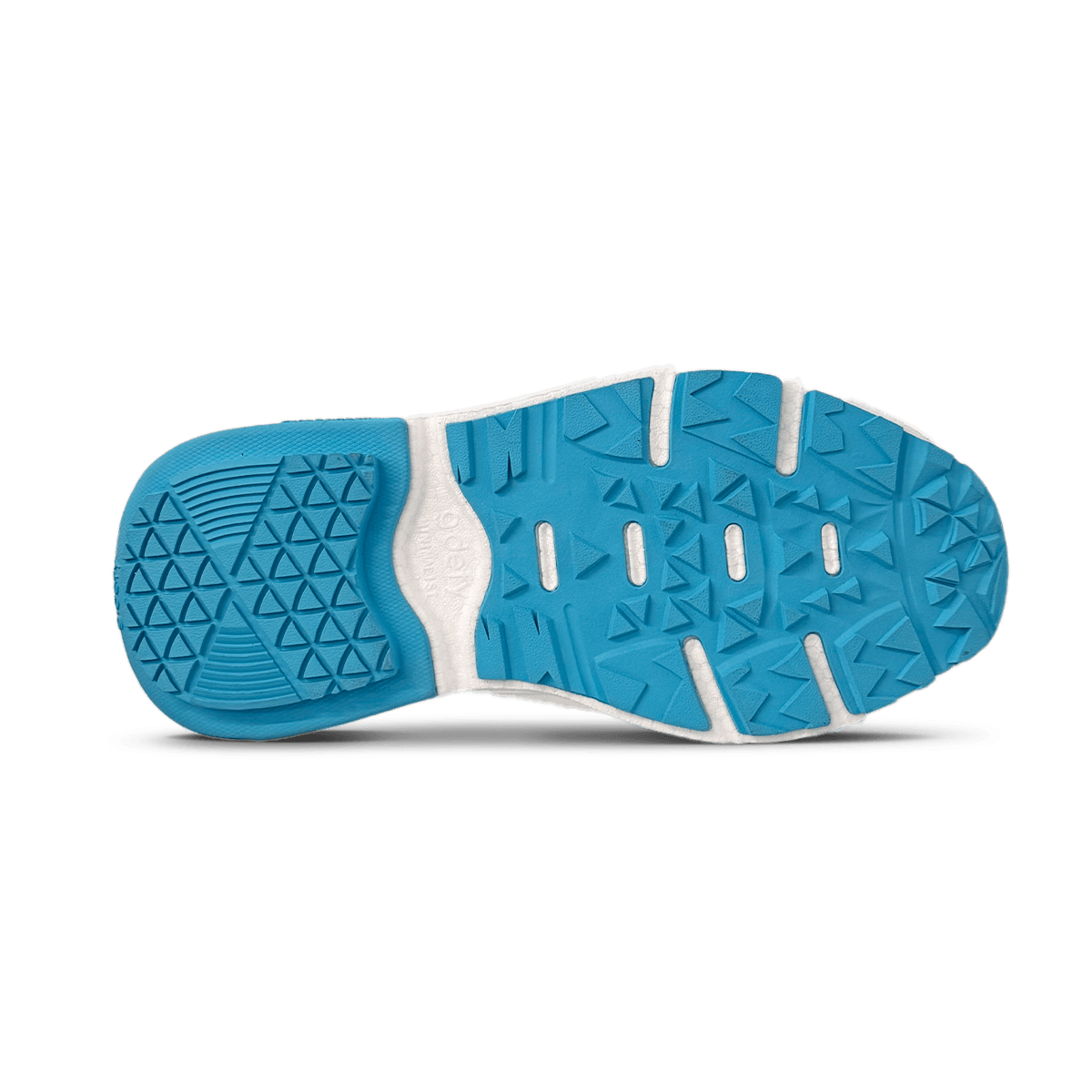 Bottom view of a running shoe sole, featuring a vibrant blue and white color scheme with a durable, multi-directional tread p
