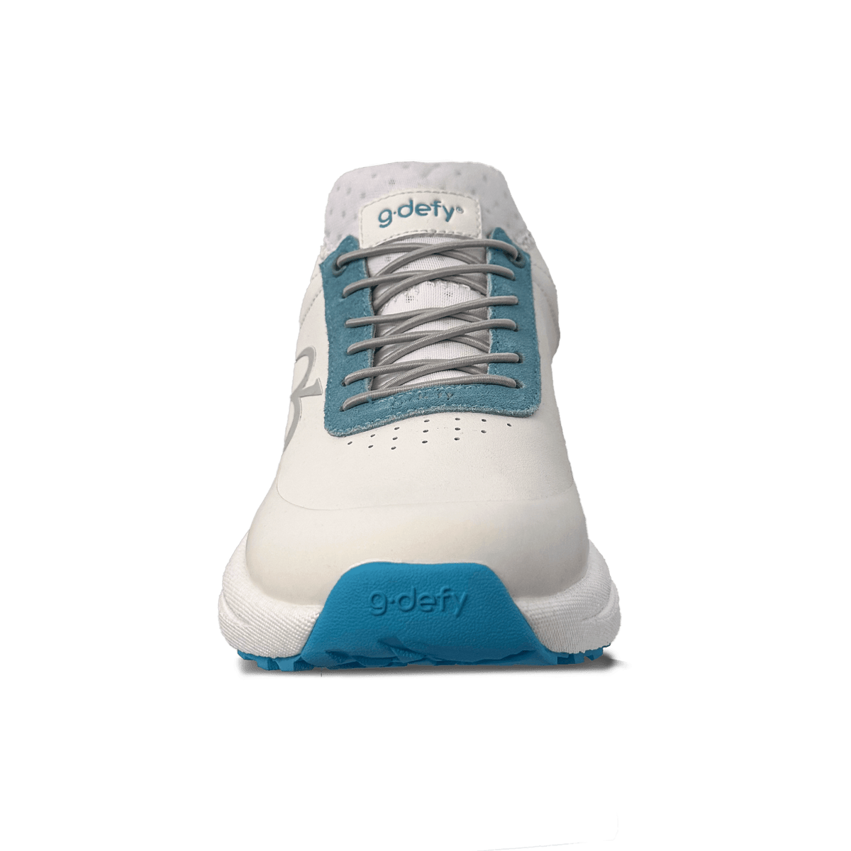 White g-defy athletic shoe with teal blue accents on the eyelets and toe, featuring gray laces, front view.