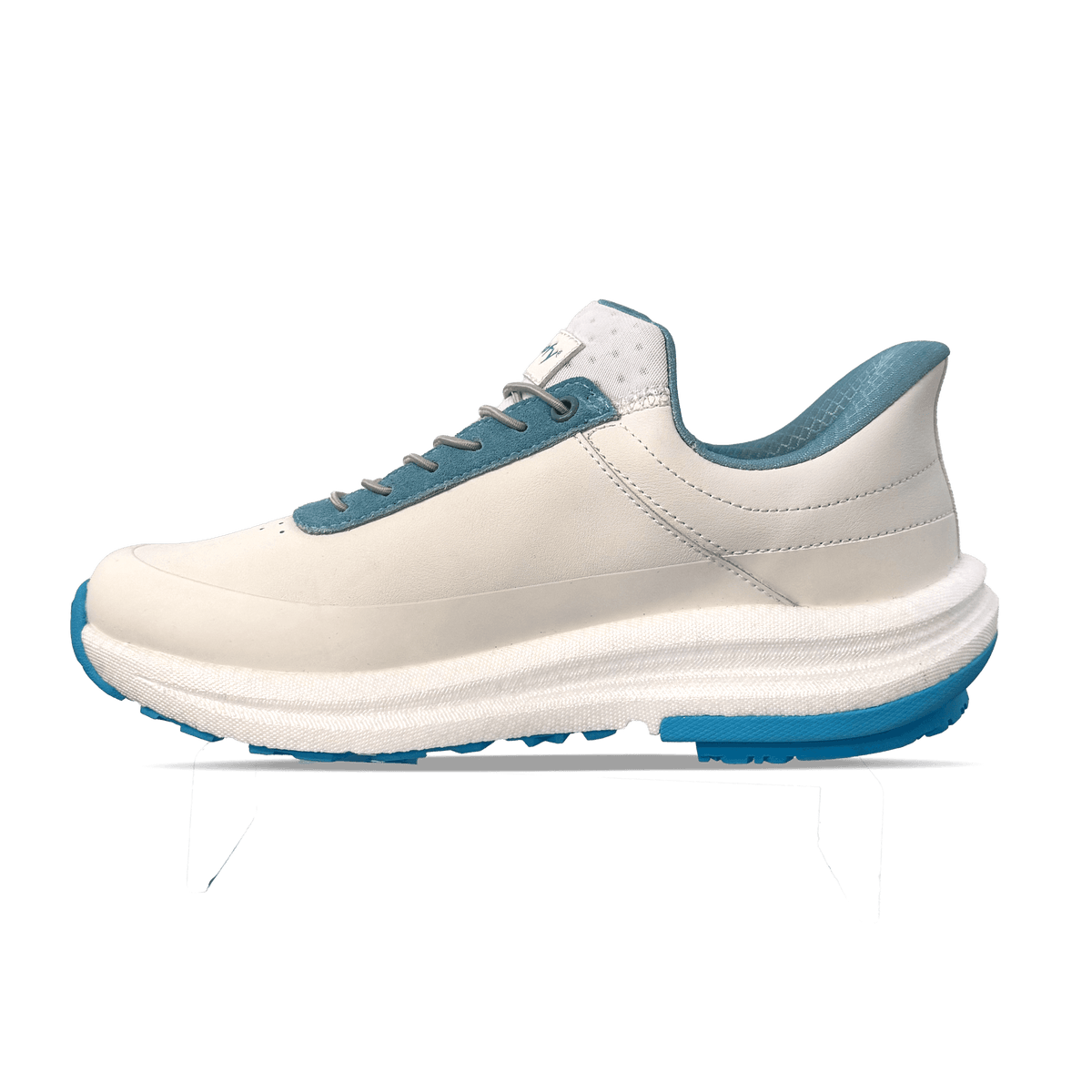 Cream and teal sneaker with grey laces, a thick white midsole, and a durable blue outsole.
