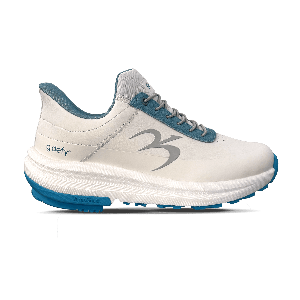 g-defy women's running shoe in off-white with blue accents, grey laces, and a thick VersoShock midsole.