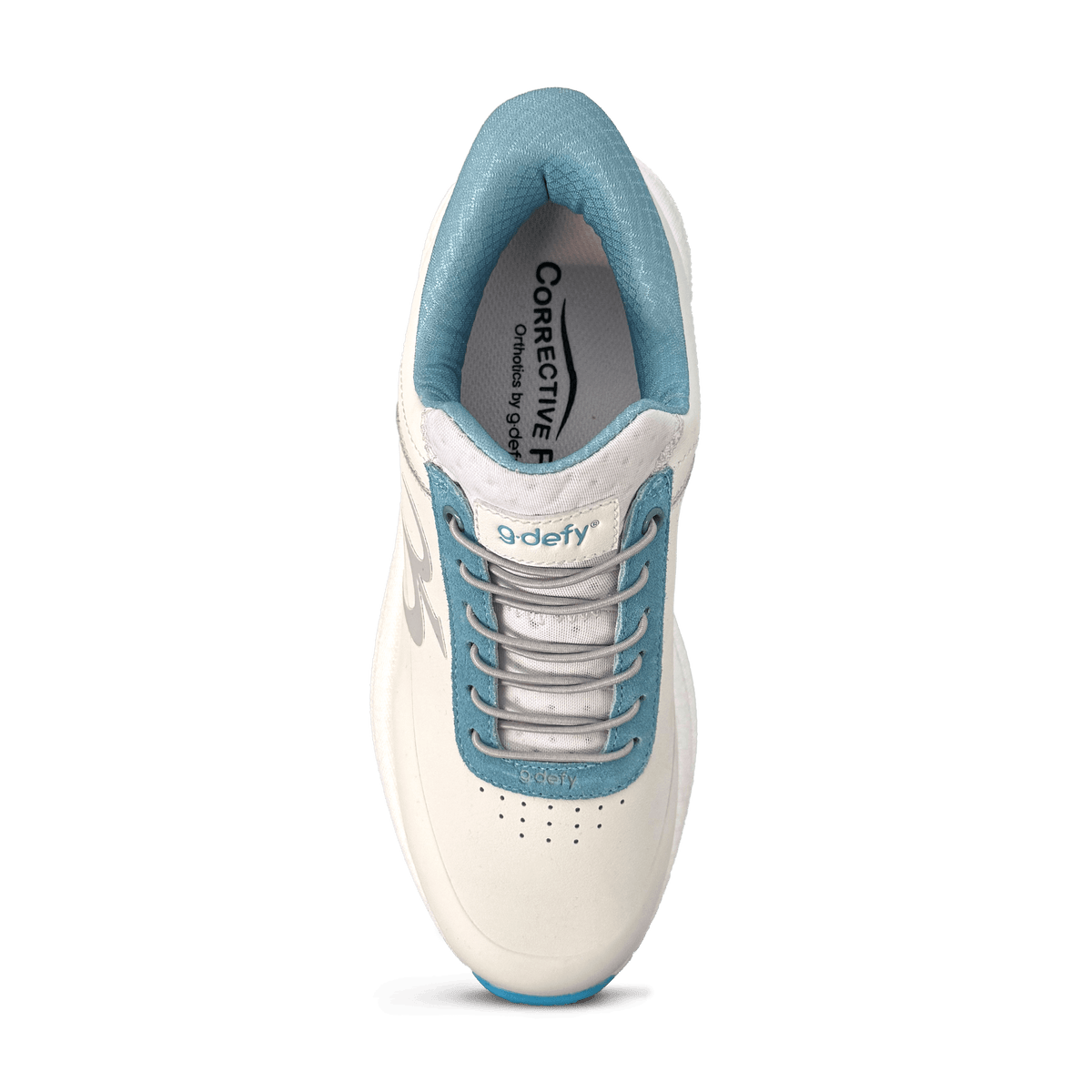 g-defy athletic sneaker in cream with light blue suede trim, top-down view showing elastic laces.