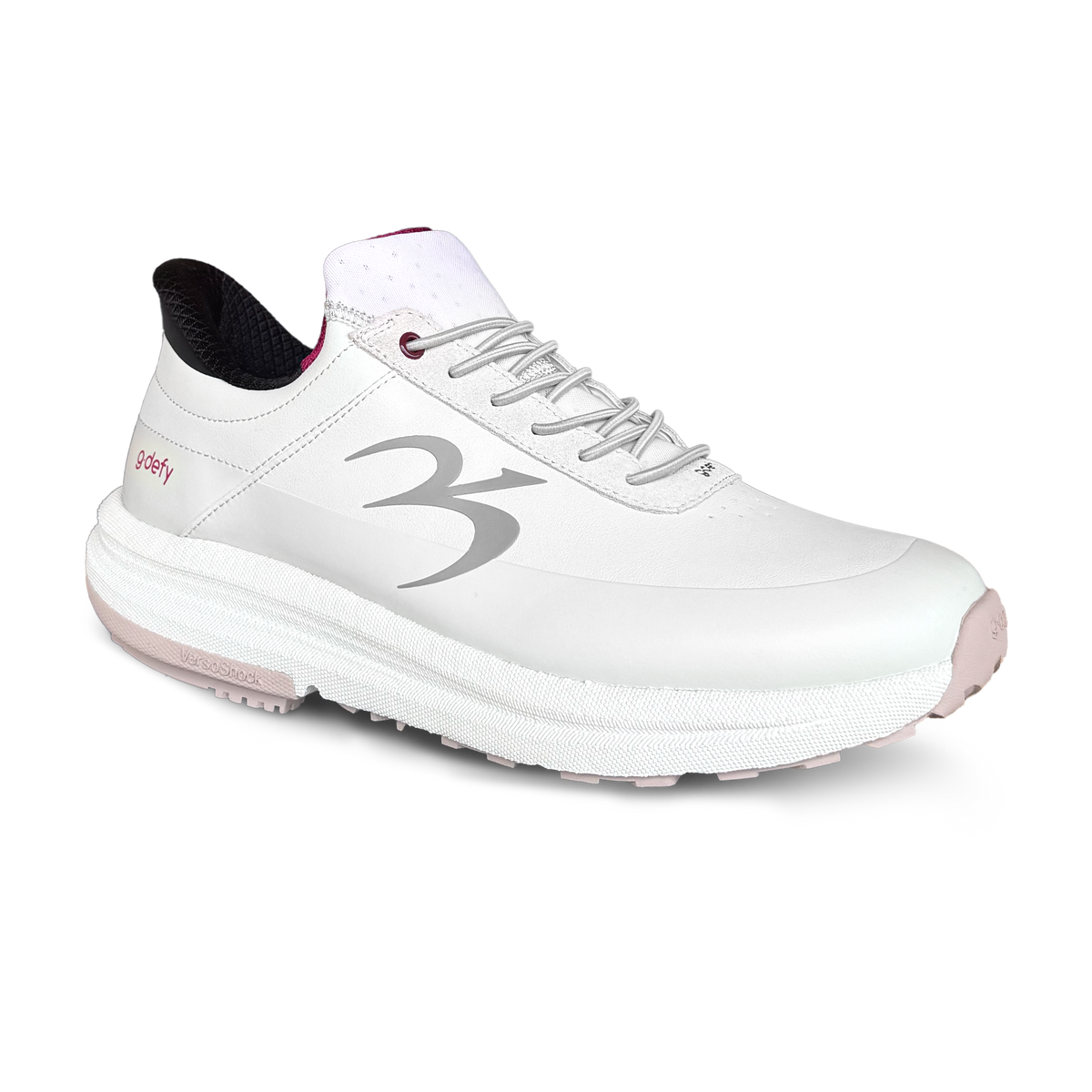 White 3Defy athletic shoe with gray logo, pink accents, and a thick VersoShock sole, angled view.