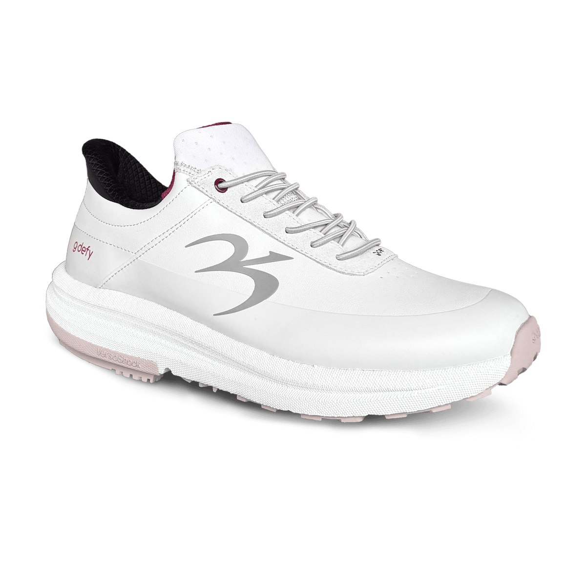 White 3Defy athletic shoe with gray logo, pink accents, and a thick VersoShock sole, angled view.