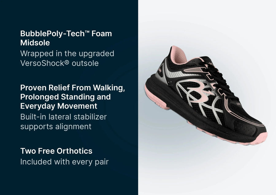 Black and pink athletic shoe with silver accents, featuring a thick BubblePoly-Tech foam midsole and VersoShock outsole.