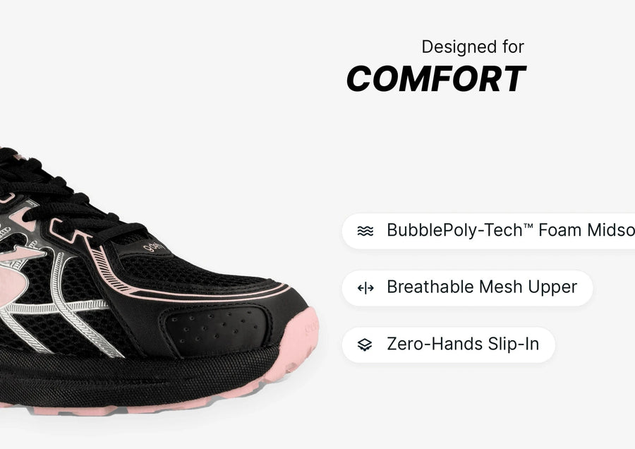 Black and pink running shoe with breathable mesh upper, BubblePoly-Tech foam midsole, and zero-hands slip-in design for comfo
