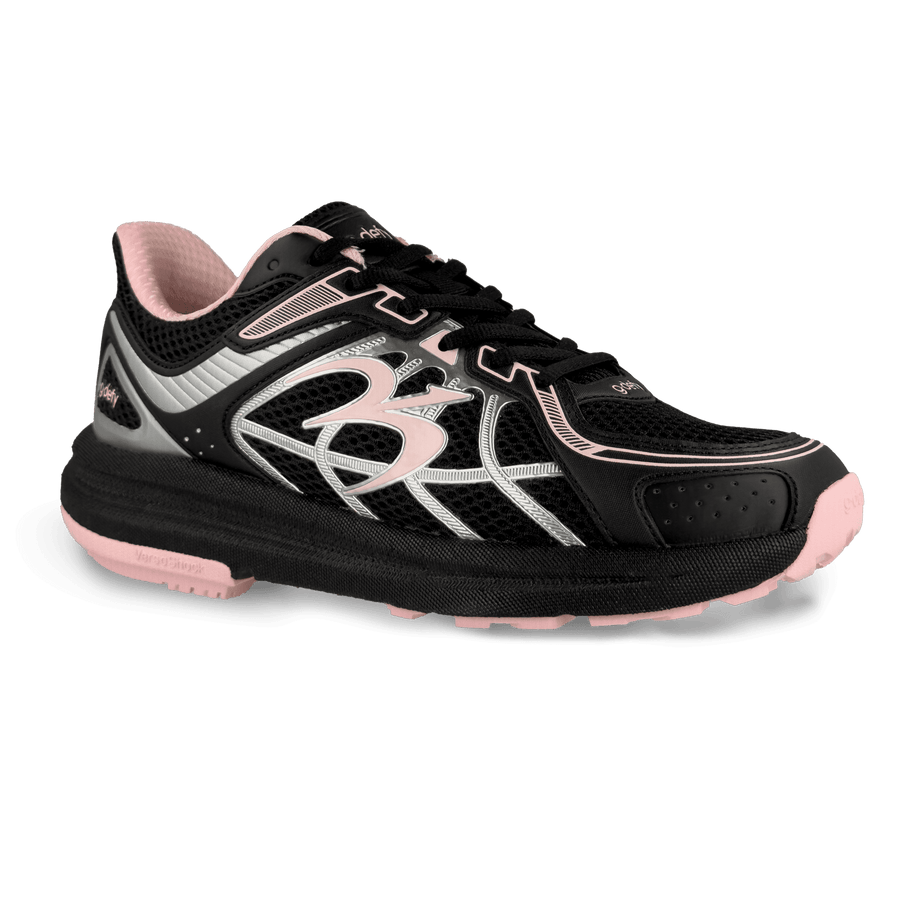 Black and pink gdefy athletic shoe with a mesh upper, silver accents, and a thick pink VersoShock sole.