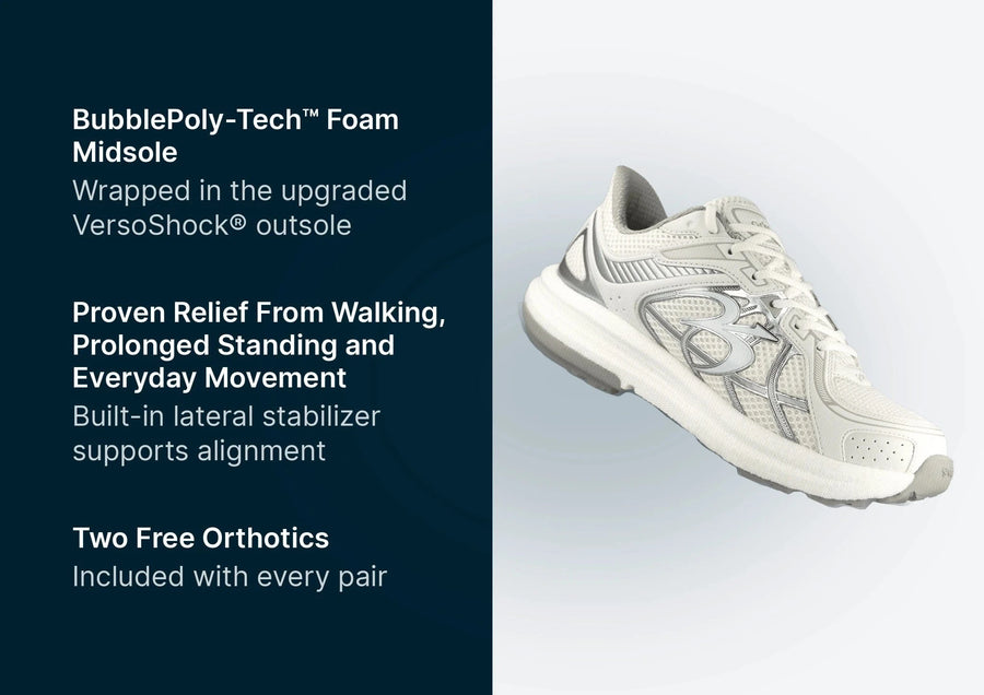 White and silver athletic shoe with mesh upper and thick BubblePoly-Tech™ Foam Midsole.