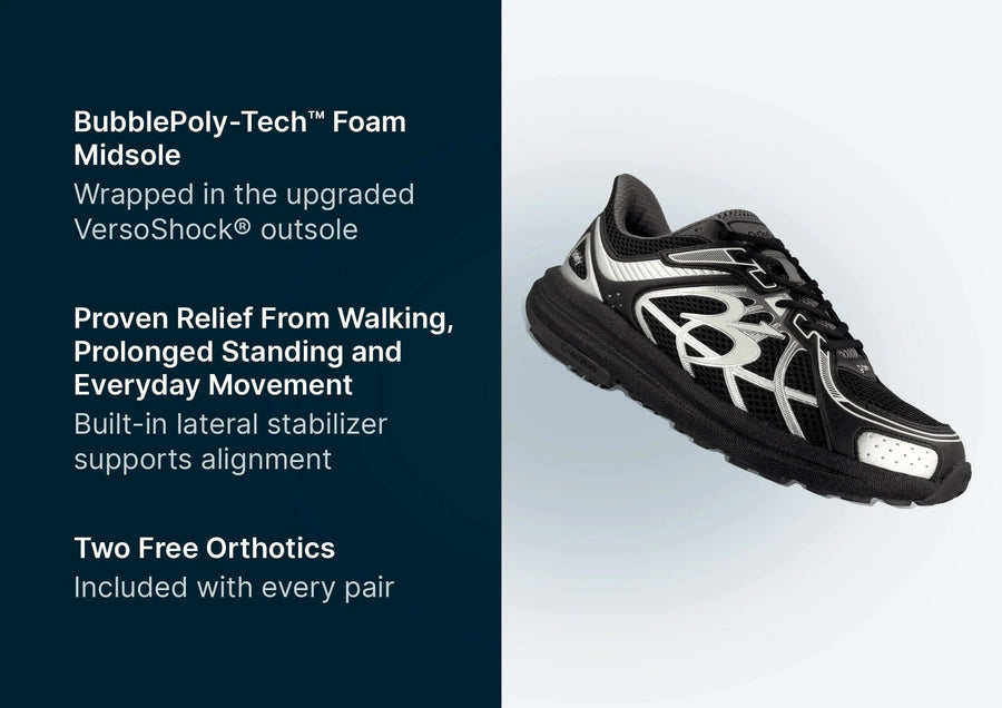 Black and silver athletic shoe with mesh upper, metallic silver accents, and a thick, supportive VersoShock outsole.