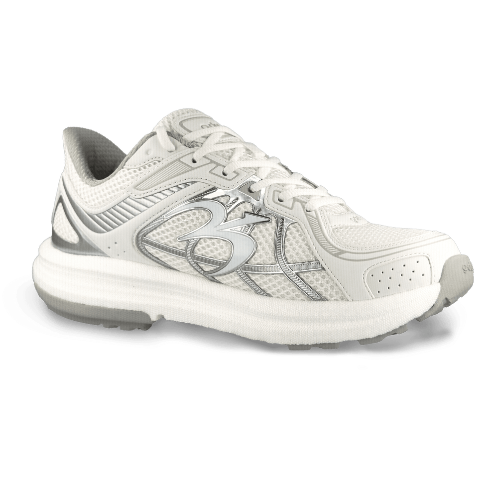 White running shoe with mesh upper, prominent silver logo, and a thick white sole.