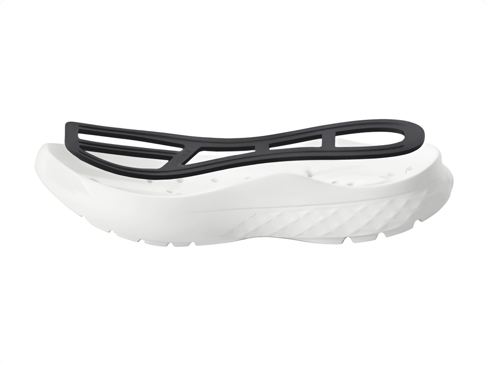 VersoShock system diagram showing a white shoe midsole with a black, skeletal shock-absorbing insert on top.