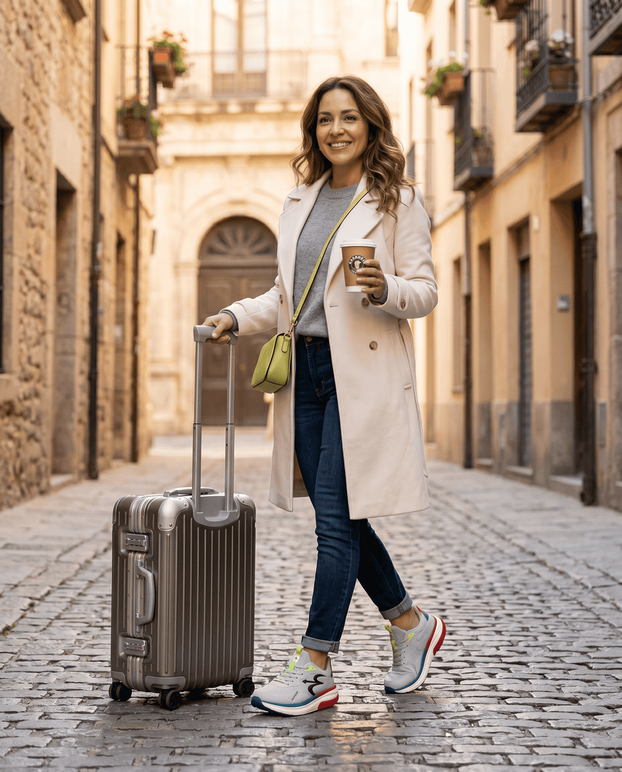 Woman wearing GDEFY Energiya gray, lime, red, and blue shoes, walking with a suitcase on a European street.