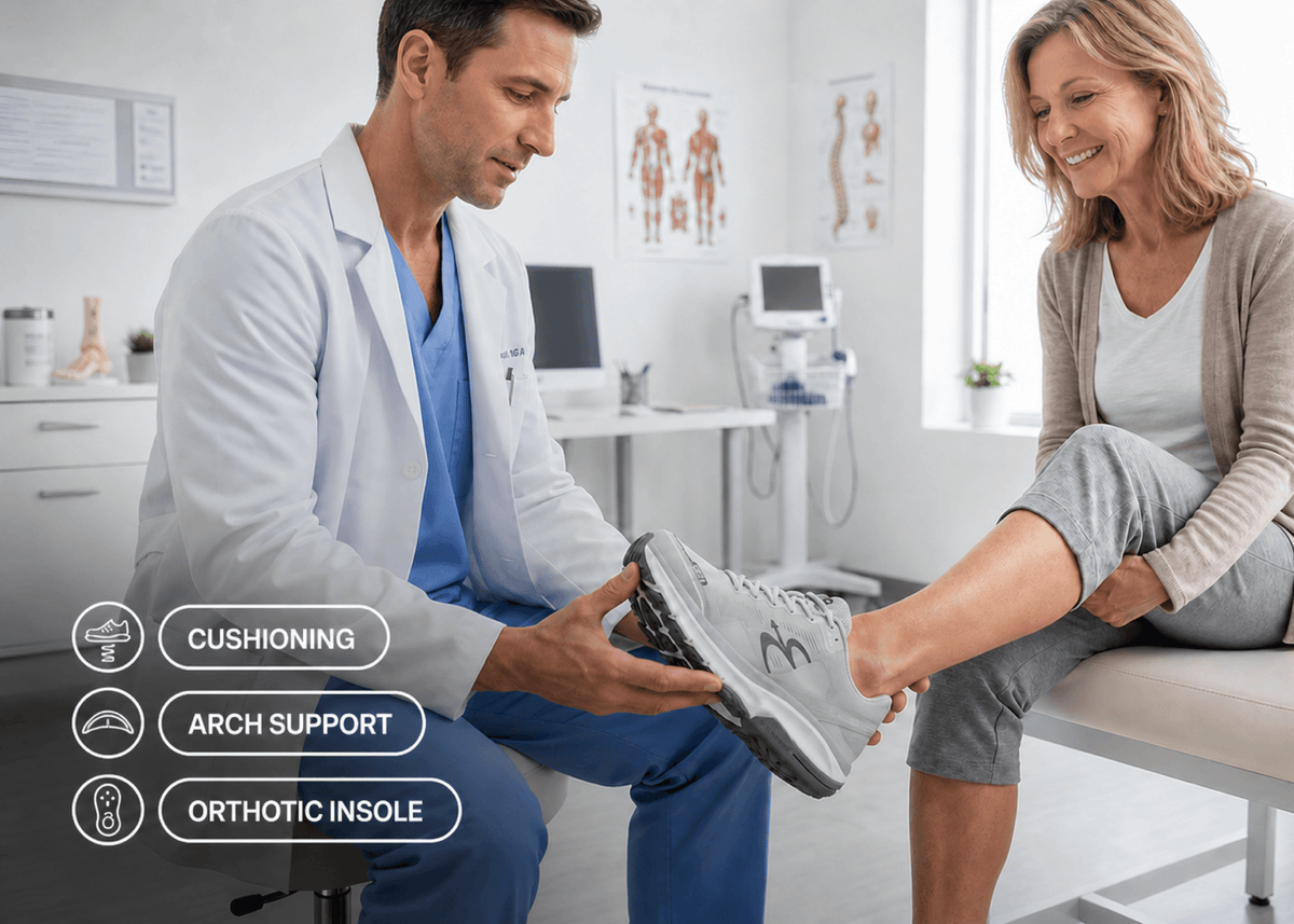 Doctor helps a smiling woman try on a light grey orthopedic shoe with cushioning, arch support, and an orthotic insole in a c