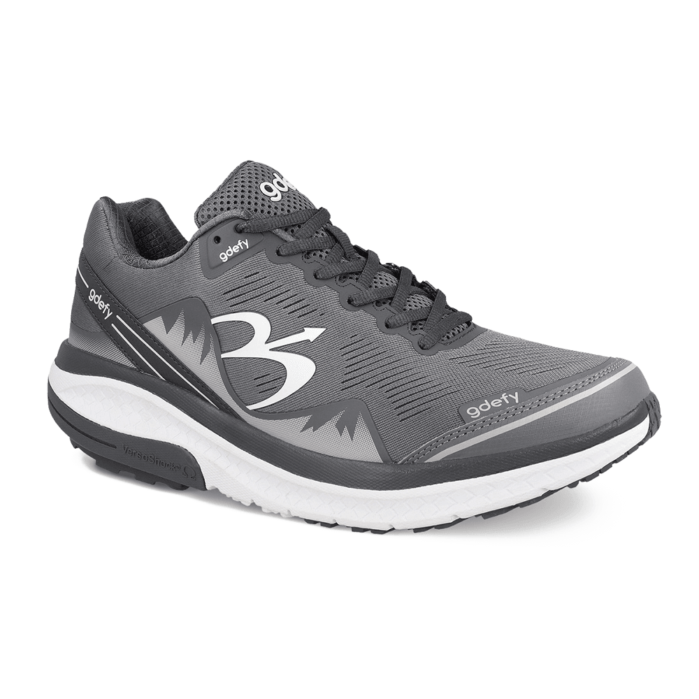 Dark grey GDefy Mighty Walk running shoe with white sole and mesh upper, featuring light grey accents.