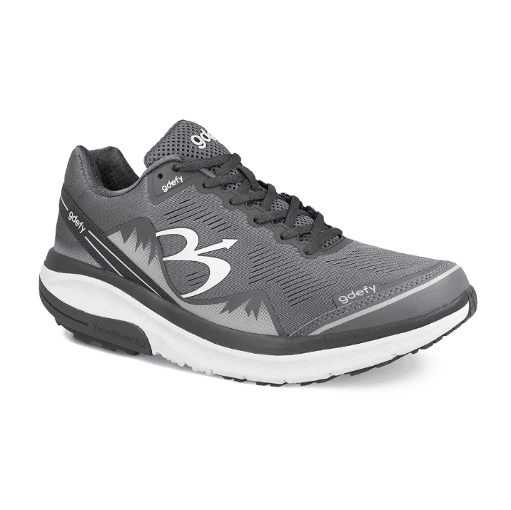 Dark grey GDefy Mighty Walk running shoe with white sole and logo, featuring a mesh upper and synthetic details.