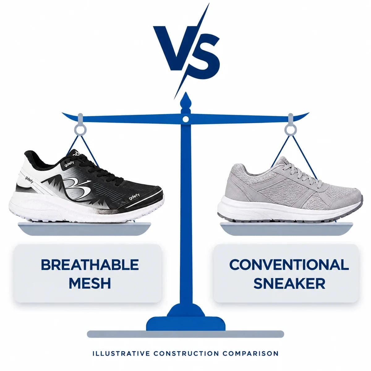 Level balance-scale illustration comparing GDEFY breathable mesh construction with a conventional sneaker, without a measured weight claim