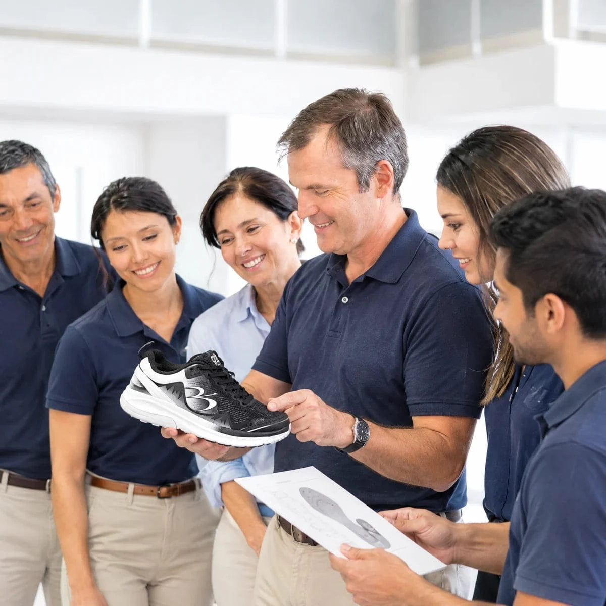 Illustrative group of non-medical footwear advisors discussing a GDEFY shoe, not actual employees or endorsers