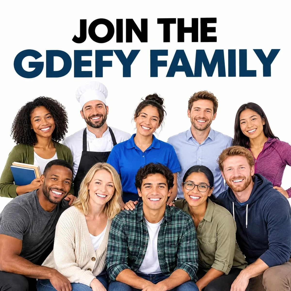 Illustrative diverse community portrait under the headline Join the GDEFY Family, not actual customer testimonials