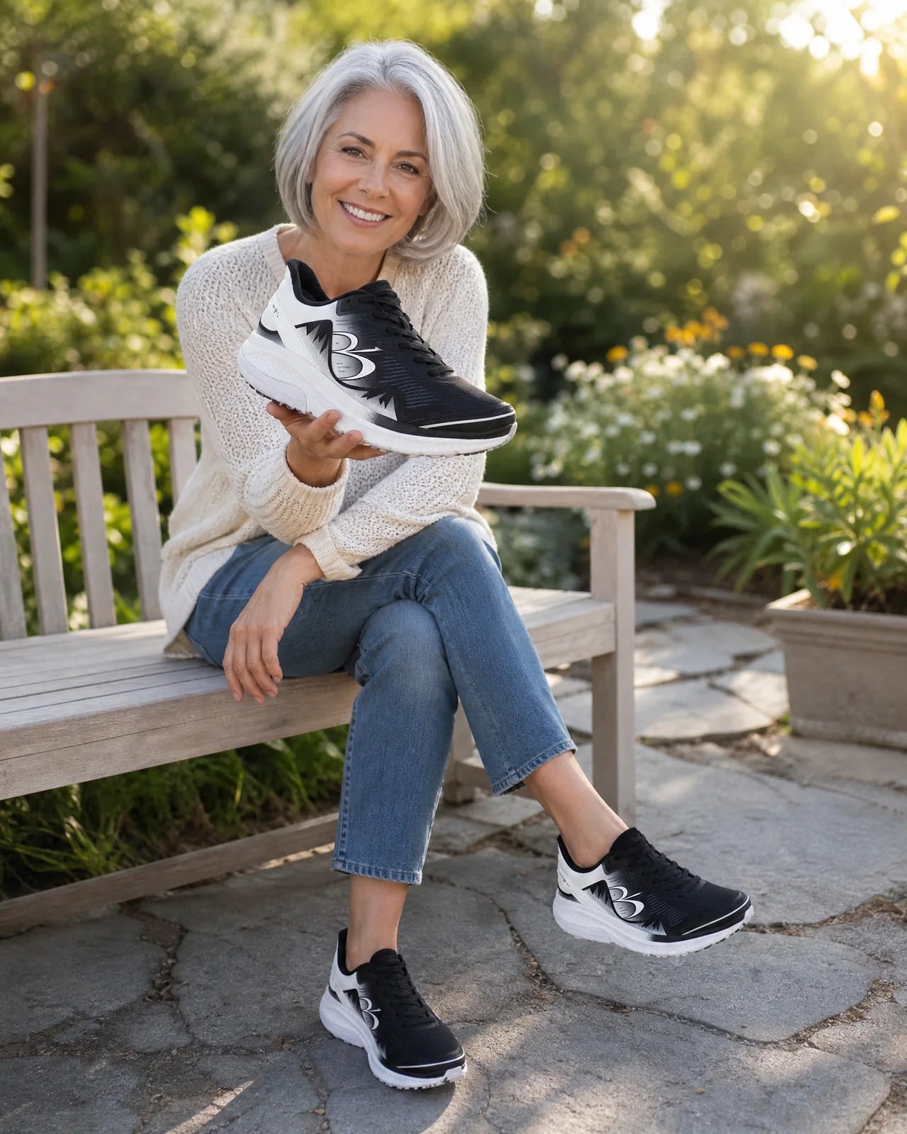 Illustrative lifestyle scene of a woman holding a MightyWalk-inspired shoe